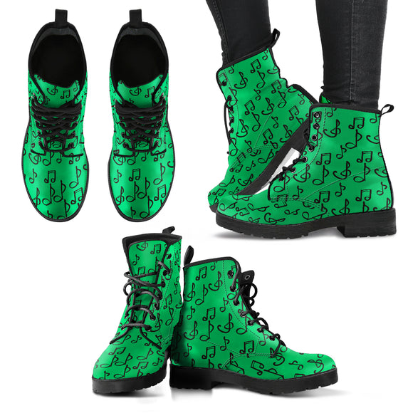 Green Music Notes Women's Leather Boots
