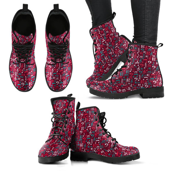 Red Music Note Mix Women's Leather Boots