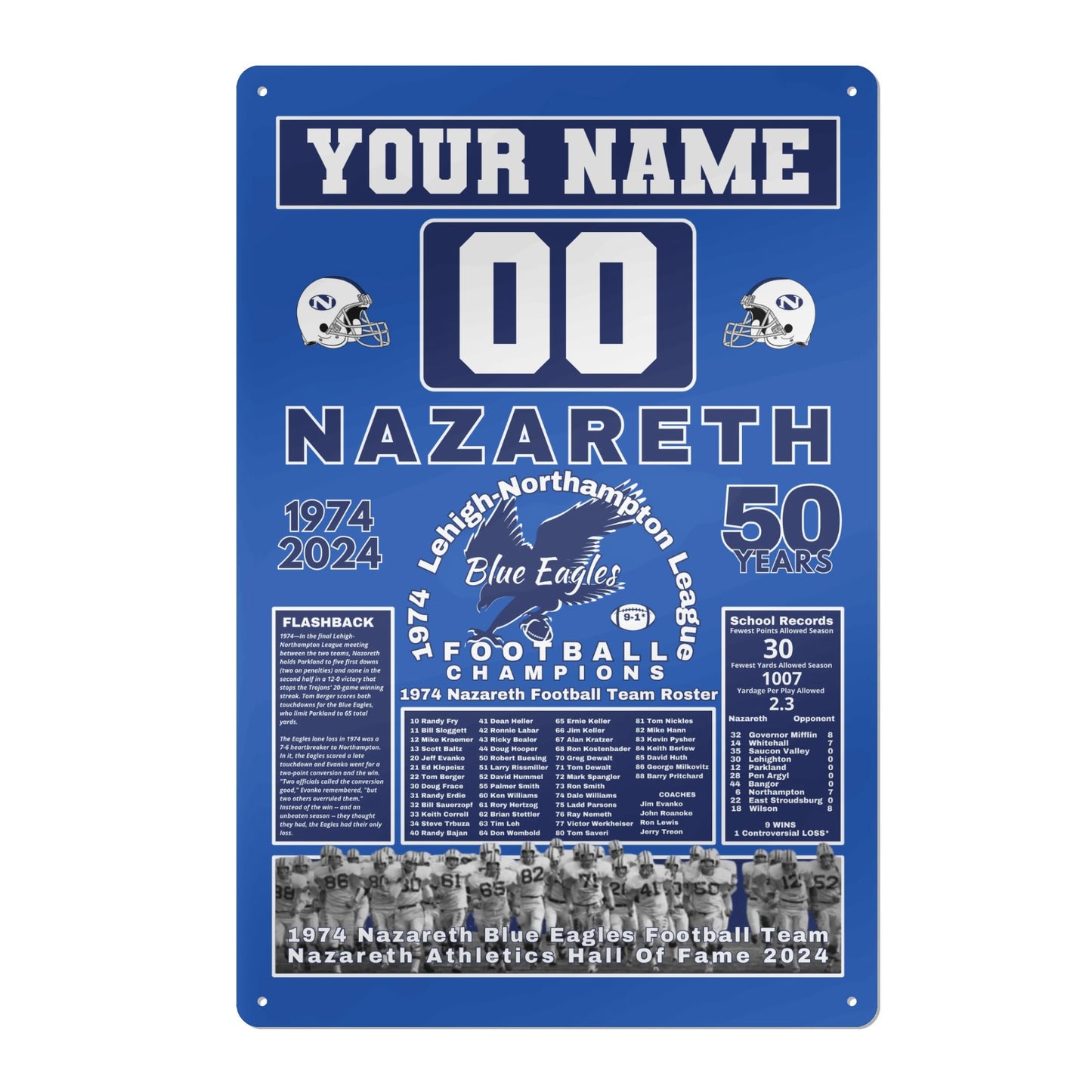 1974 Nazareth Football Champions 50-Years Personalized Commemorative Metal Sign