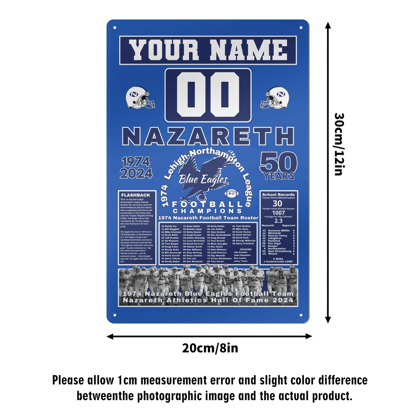 1974 Nazareth Football Champions 50-Years Personalized Commemorative Metal Sign