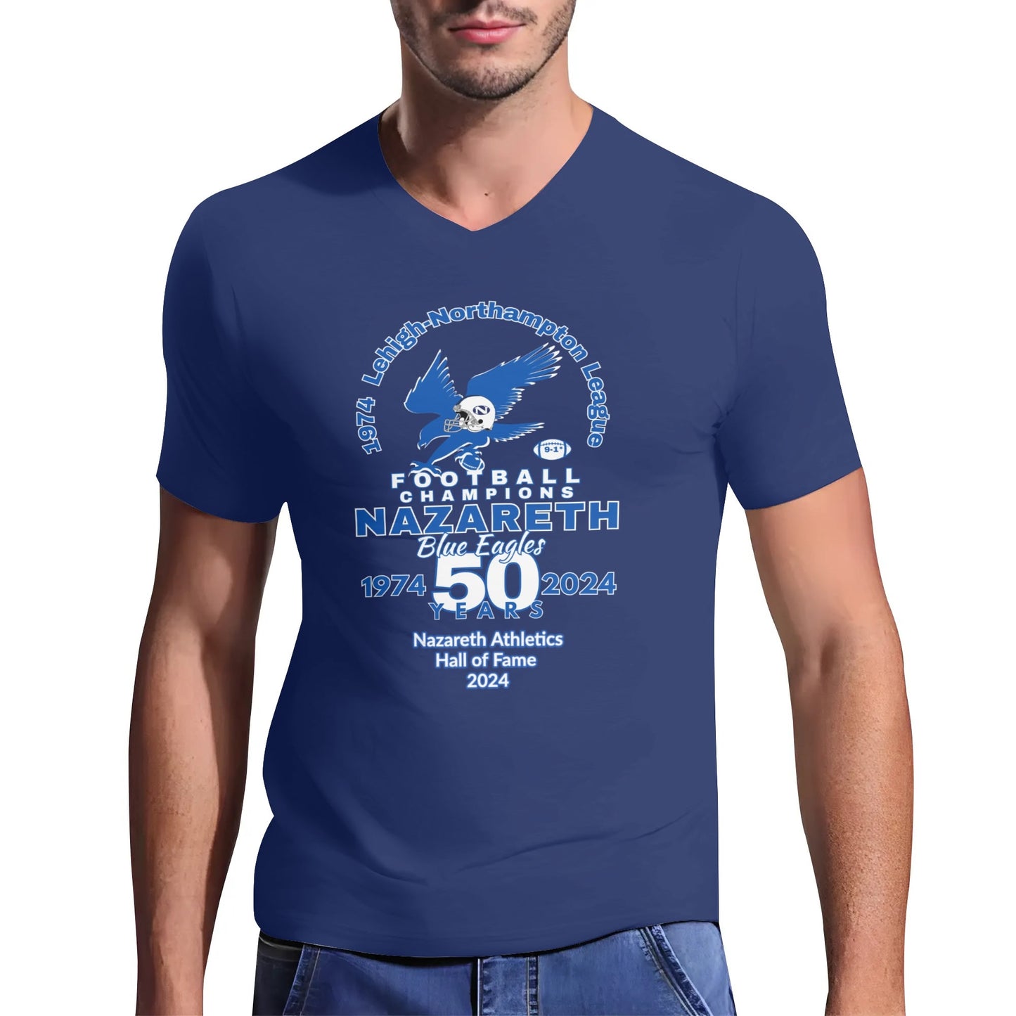 1974 Nazareth Football Personalized 50-Years/HOF Commemorative Unisex V Neck T-Shirt