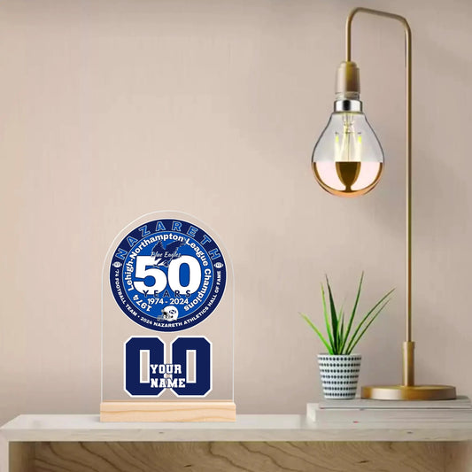 74 Nazareth Football 50YEARS/HOF LOGO Personalised Lightweight Acrylic Night Light Sign Table with Wood Stand