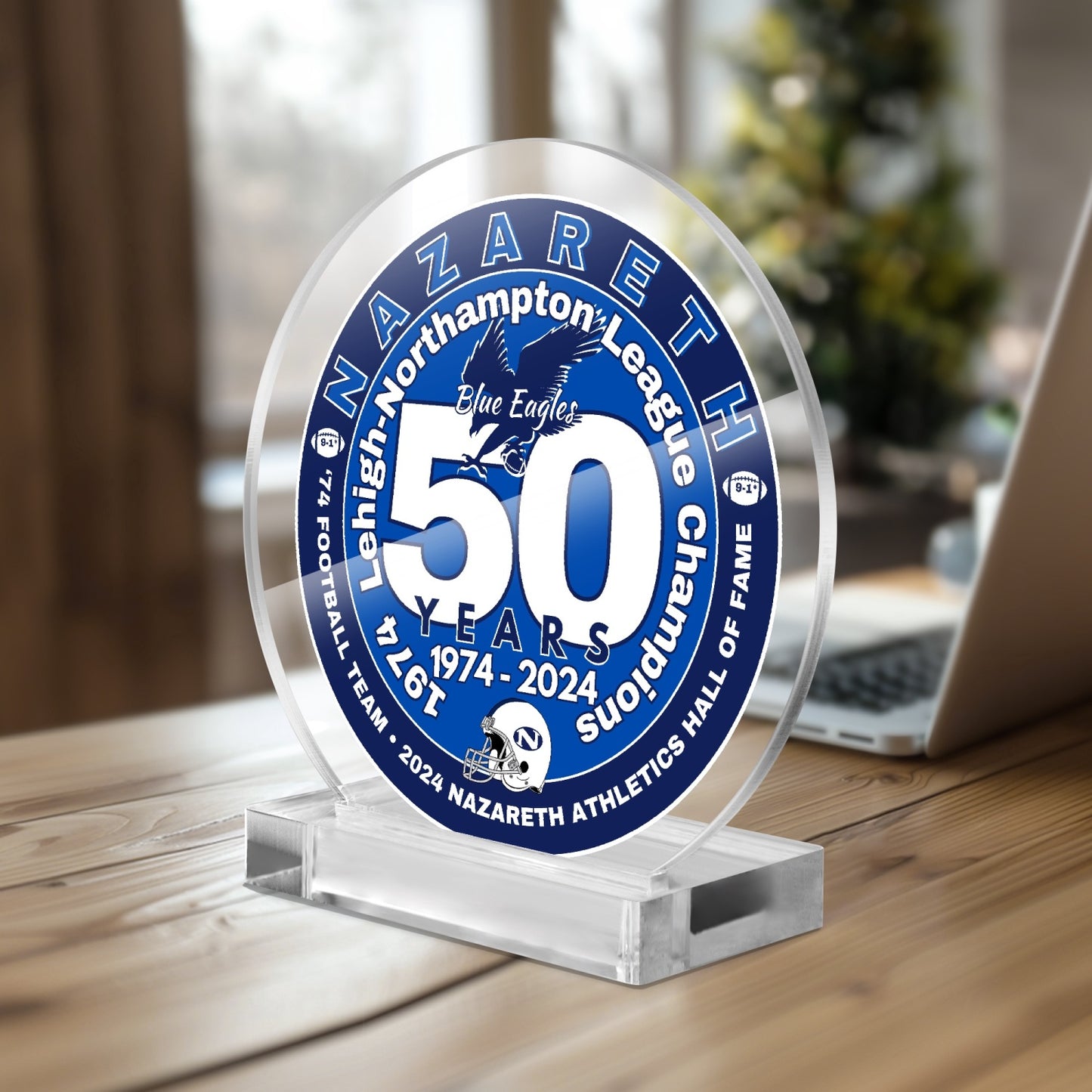 74 Nazareth Football 50 years- Hall of Fame Acrylic Plaque with Stand - Round