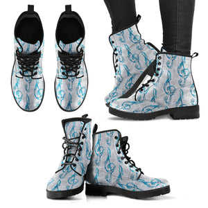Grey & Blue Treble clef Women's Leather Boots