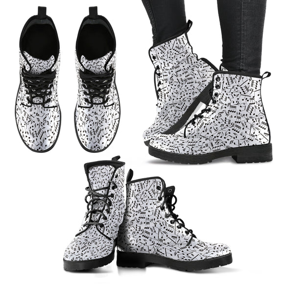 White Music Note Women's Leather Boots