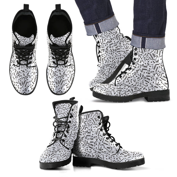 White Music Note Men's Leather Boots