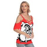 Red Rover All-Over Print Women's Cold Shoulder T-shirt With Criss Cross Strips