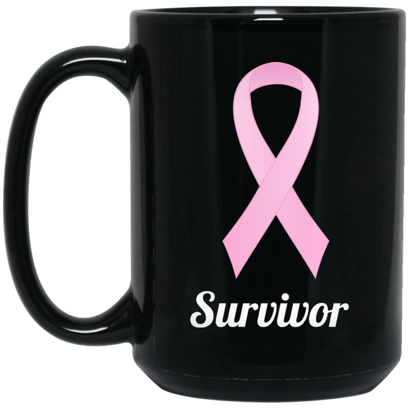 BM15OZ Pink Ribbon Survivor 15 oz. Black Mug